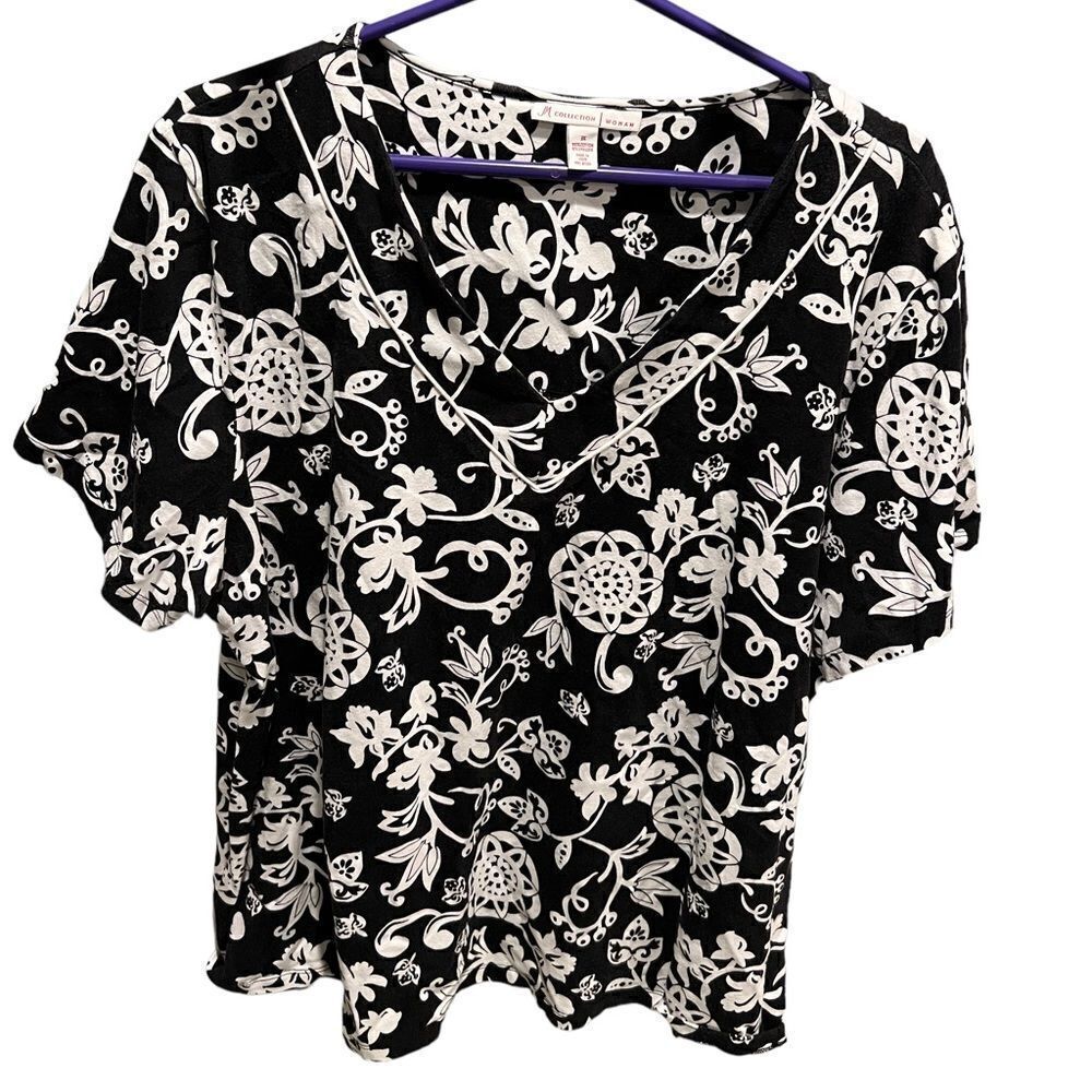 JM Collection black‎ and white boho print v-neck top women’s size 3X
